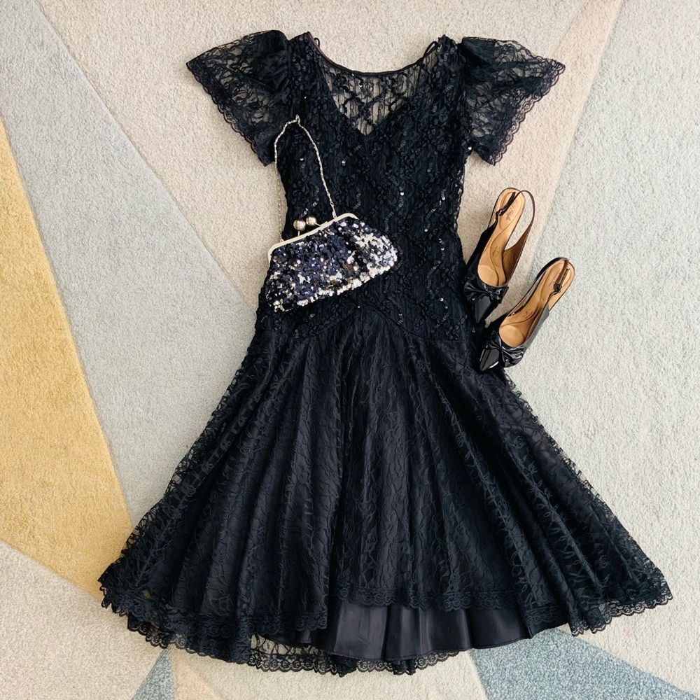 Vintage Black Lace Mid Length Gown